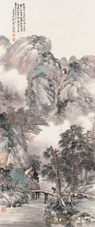 李学谦 1880年作 深山行旅 立轴 132.5×56cm